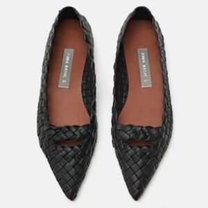 ZARA Black Woven Leather Pointed Toe Flats Slip On Loafers Size 38